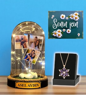 İsimli ve 3 Fotoğraflı Led Işıklı Fanus ve Gerçek Ametist Taşlı Lotus Kolye