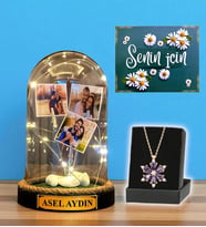 İsimli ve 3 Fotoğraflı Led Işıklı Fanus ve Gerçek Ametist Taşlı Lotus Kolye