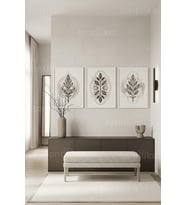 Minimalist Bitkisel ve Geometrik Desenli 3’lü Ahşap Çerçeveli Tablo Seti