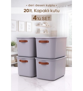 4 Adet Kulplu Gri Dolap Düzenleyici 20 Lt Kapaklı Saklama Kutusu Sepet Oyuncak Kutusu Organizer