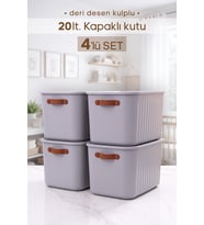 4 Adet Kulplu Gri Dolap Düzenleyici 20 Lt Kapaklı Saklama Kutusu Sepet Oyuncak Kutusu Organizer