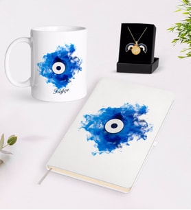 BK Gift Kişiye Özel Nazar Temalı Beyaz Defter Kupa ve Açılan Nazar Kolye Hediye Seti-2 (Model 1)