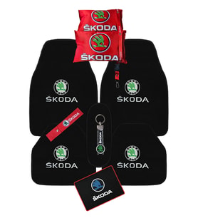 Skoda 5'li Araba Paspas Seti & Kırmızı Oto Boyun Yastığı & Ayna Askısı & Skoda Araç Oto Aksesuarı