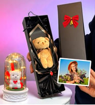 Kişiye Özel Fotoğraflı Kutuda Kahve Peluş Ayıcık ve Led Işıklı Biblolu Fanus (Model 7)
