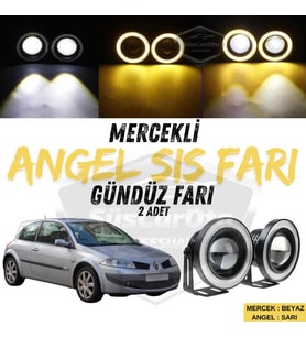 Renault Megane 2 2003-2008 Uyumlu Mercekli Angel Sis Farı Metal 76 mm Sarı Halkalı Gündüz Farı 2 Ad