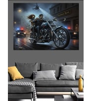 Vintage Motosikletli Deri Ceketli İskelet İkili Dekoratif Kanvas - Mdf Ahşap Tablo