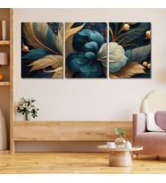 3'lü Kanvas Duvar Tablosu Modern Soğuk Renkli Çiçek Deseni