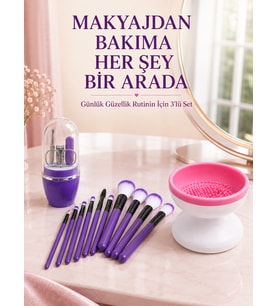 3’lü Güzellik ve Bakım Seti 12’li Mor Makyaj Fırçası Fırça Temizleme Cihazı ve Manikür Pedikür Tırnak Bakım Seti