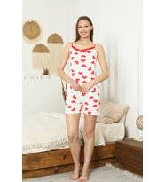 Monox Kadın Dantel Yaka İp Askılı Atlet ve Şortlu Kırmızı Kalp Baskılı Pijama Takımı (Beyaz)