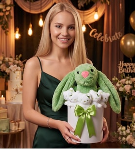 Yeşil Tavşan Hello Kitty Peluş Hediye Kutusu – Sevgiliye ve Çocuğa Sevimli Ayıcık Buketi
