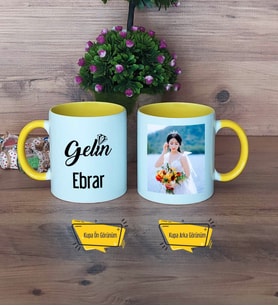 Gelin Kupa Bardak Sarı Fotoğraflı Düğün Hediyesi