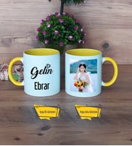 Gelin Kupa Bardak Sarı Fotoğraflı Düğün Hediyesi