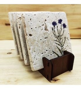 Floral - Traverten Bardak Altlığı 4'lü Set Standlı