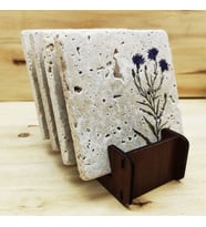 Floral - Traverten Bardak Altlığı 4'lü Set Standlı
