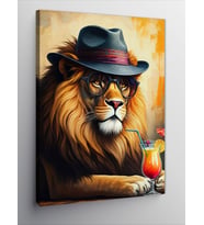 Kanvas Tablo Şapkalı Aslan Ve İçecek