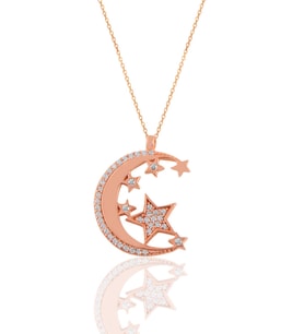 Söğütlü Silver Gümüş rose zirkon taşlı ay ve yıldızlar kolye