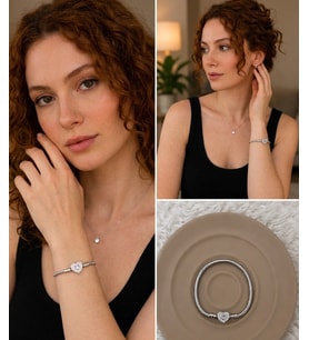 Premium Gümüş Renk Parlak Taş ve Kalp Detaylı Gümüş Renk Charm 316L Çelik Bileklik (~18cm)