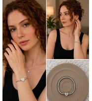 Premium Gümüş Renk Parlak Taş ve Kalp Detaylı Gümüş Renk Charm 316L Çelik Bileklik (~18cm)