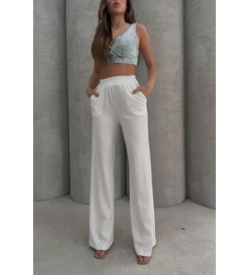 Lesa Wear Yumuşacık Yüksel Bel Geniş Paça Likralı Jarse Pantolon Flared (Beyaz)
