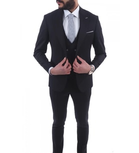 Jan Carlucci Slim Fit Sivri Yaka-Çift Yırtmaç  Düz Siyah  Drop 6 Yelekli Takım Elbise