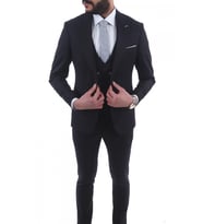 Jan Carlucci Slim Fit Sivri Yaka-Çift Yırtmaç  Düz Siyah  Drop 6 Yelekli Takım Elbise