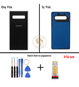 Samsung Galaxy S10 Plus Seramik Siyah Renk Arka Kapak + Tamir Seti + B7000 Yapıştırıcı Arka Cam Batarya Kapağı Pil Kapağı Lazer Kesim Back Cover Galaxy S10 Plus Uyumlu