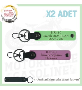 Hız Tutkunlarına Özel İsim Plaka ve B Rh (-) Kan Grubu Yazılı Deri x2 Anahtarlık, Pembe-F Yeşil-Laci (Çok Renkli)