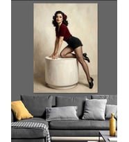 Beyaz Sandalye Üzerinde Oturan Pin-Up Dekoratif Kanvas - Mdf Ahşap Tablo