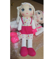 Sevimli Peluş Bez Bebek 50 cm - Örgü Saçlı Meyve Desenli Elbiseli Bez Bebek