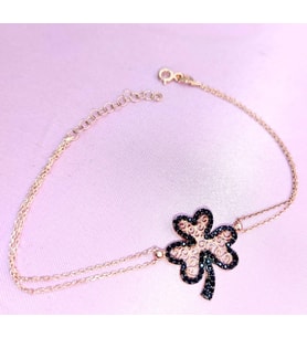 Siyah Zirkon Taşlı Gümüş Rose Yonca Bileklik