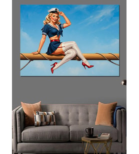 Pin-Up Mavi Elbiseli Kadın Dekoratif Kanvas - Mdf Ahşap Tablo