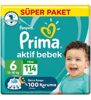Prima 6 Beden Aktif Bebek Bezi Süper Paket 38x3 114 Adet
