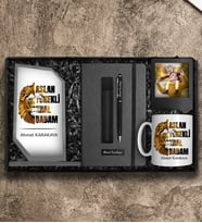 Babalar Gününe Özel Cam Plaket & Defter & Deri Kılıflı Touch Pen Kalem & Kupa & Çerçeve Hediye Seti