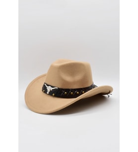 Deri Şeritli Boğa Figürlü Fötr Şapka Premium Classic Western Festival Beach Rave Hat