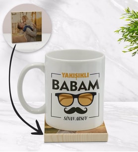 BK Gift Kişiye Özel Yakışıklı Babam Tasarımlı Beyaz Kupa Bardak ve Ahşap Bardak Altlığı Hediye Seti - Model 2