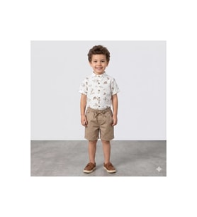 Erkek Bebek ve Çocuk Krem Deniz Desenli Gömlekli Taba Şortlu Müslin Takım 1-4 Yaş - KREM / 1 YAŞ