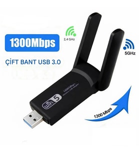 WiFi Alıcı  USB 3.0 1300 Mbps Çift Bant USB 3.0 WiFi Adaptör (Siyah)