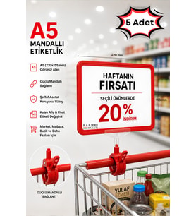 5 Adet - A5 Mandallı Etiketlik Fiyatlık Sepet Raf Askılık Fiyat Etiketi Çerçeveli Market Mağaza Kırmızı