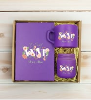 BK Gift Kişiye Özel İsimli DTF Anne Temalı Mor Defter & Kahve Fincanı & Mum Hediye Seti-4, Anneye Hediye, Anneler Günü Hediyesi