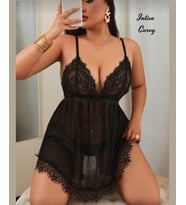 Intive Curvy Siyah V Yaka Dekolteli Saten Kuşaklı Transparan Dantel Detaylı Büyük Beden Gecelik