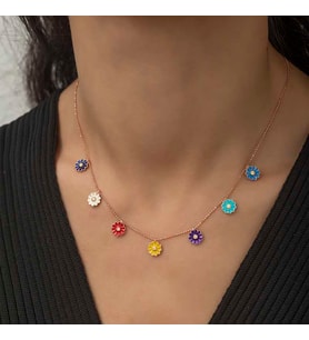 ?Gümüş Rose Renkli Papatyalar Kolye