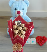 Premium 35 cm Peluş Ayı ve Romantik Balonlu Sütlü Kahve Peluş Ayıcık Buketi (Açık Mavi)