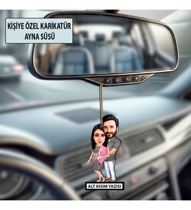 Kişiye Özel 2 Kişilik Hamile Çift Karikatürlü 10 cm MDF Araç Dikiz Aynası Süsü - Sevgiliye ve Eşe Hediye Çiftlere Özel Hediye