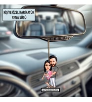 Kişiye Özel 2 Kişilik Hamile Çift Karikatürlü 10 cm MDF Araç Dikiz Aynası Süsü - Sevgiliye ve Eşe Hediye Çiftlere Özel Hediye