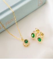 925 Ayar Gümüş Mayıs Ayı Doğum Taşı ( Emerald ) Kolye - Küpe Seti