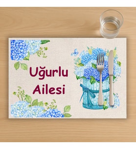 Kişiye Özel Mavi Çiçekler Yazılı Tasarımlı Amerikan Servis, Tabak Altlığı & Ev Hediyesi, 2 Adet (Krem)