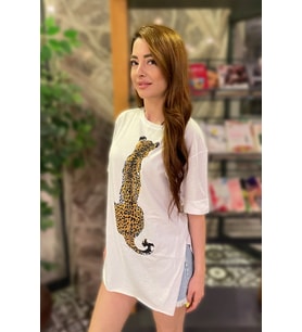 Beyaz Renk Leopar Baskılı T-shirt