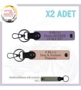 Motor Tutkunlarına Özel İsim Plaka ve 0 Rh (+) Kan Grubu Yazılı x2 Anahtarlık, Yavruağzı-Mor-Gr