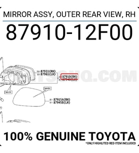 Toyota Corolla Dış Ayna Elektrikli Sinyalli Astarlı Sağ 2008- (Oem No:  8791012F00)