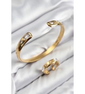Pirinç Zirkon Taşlı Ayrık Model Gold Renk Bileklik Yüzük Set 5886 - GLST1984-3408